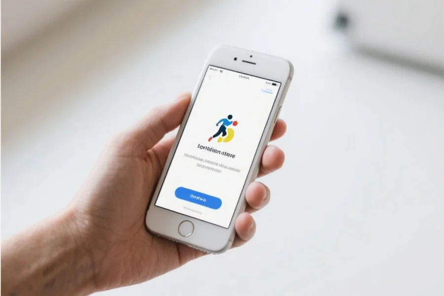 一只手正操作iPhone，屏幕显示正在安装体育类APP，环境干净明亮